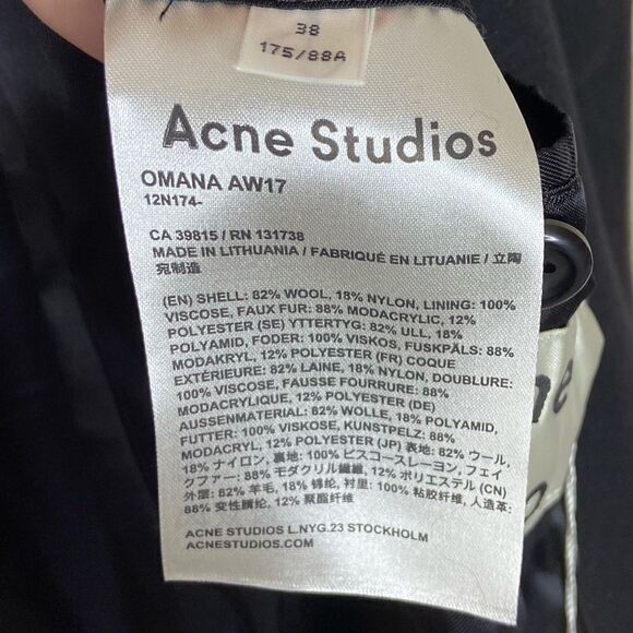 NWT Acne Studios Omana Wool Trech Black Pea Coat Fake Fur Collar Size 6 - Picture 8 of 11